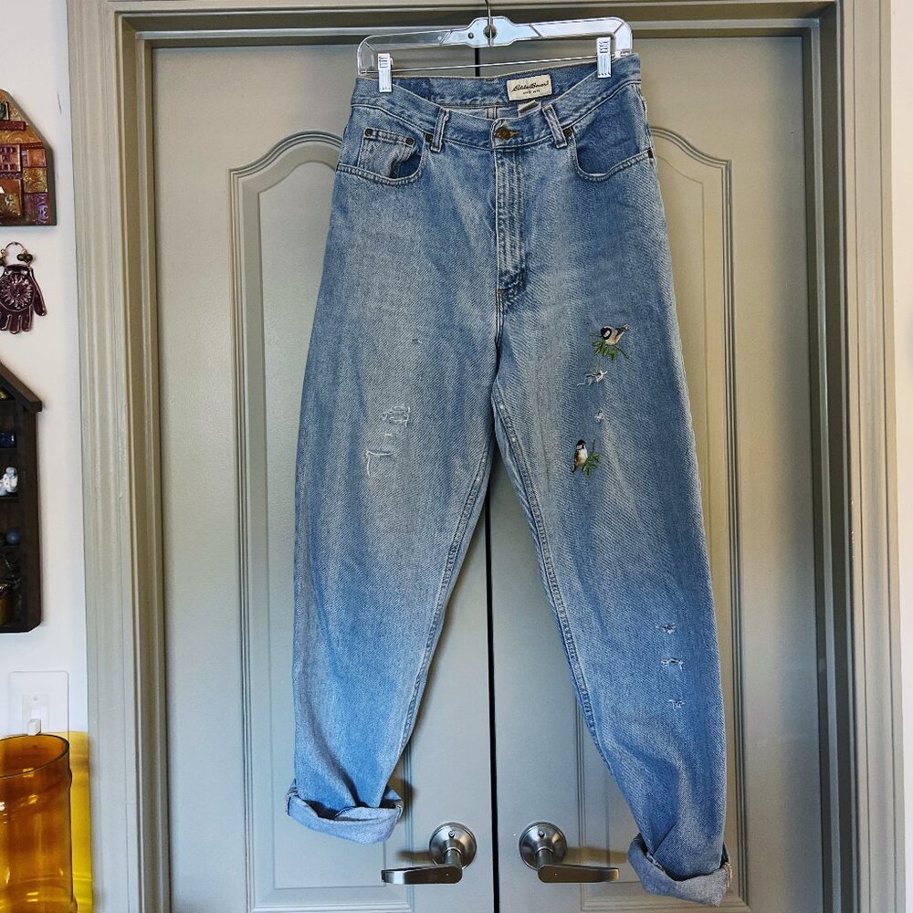 Custom Embroidered Vintage Eddie Bauer Mom Jeans Size 12 Unique Bird Distressed